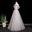 Chic / Beautiful Grey Rhinestone Appliques Prom Dresses 2025 A-Line / Princess Off-The-Shoulder Short Sleeve Backless Floor-Length / Long Formal Dresses