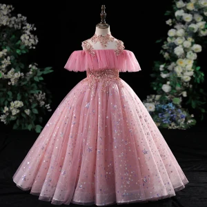 Chic Beautiful Candy Pink Beading Sequins Birthday Flower Girl Dresses 2022 Ball Gown High Neck Short Sleeve Floor Length Long Flower Girl Dresses
