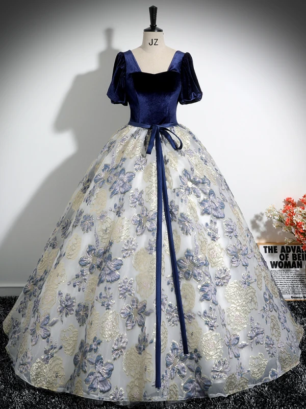 Elegant Navy Blue Printing Prom Dresses 2024 Ball Gown Square Neckline Short Sleeve Backless Bow Sash Floor-Length / Long Prom Formal Dresses