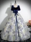 Elegant Navy Blue Printing Prom Dresses 2024 Ball Gown Square Neckline Short Sleeve Backless Bow Sash Floor-Length / Long Prom Formal Dresses