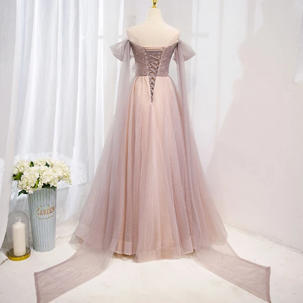 Mooie / Prachtige Oud Roze Rhinestone Pailletten Galajurken 2022 A lijn Uit De Schouder Korte Mouwen Ruglooze Strik Lange Gala Gelegenheid Jurken