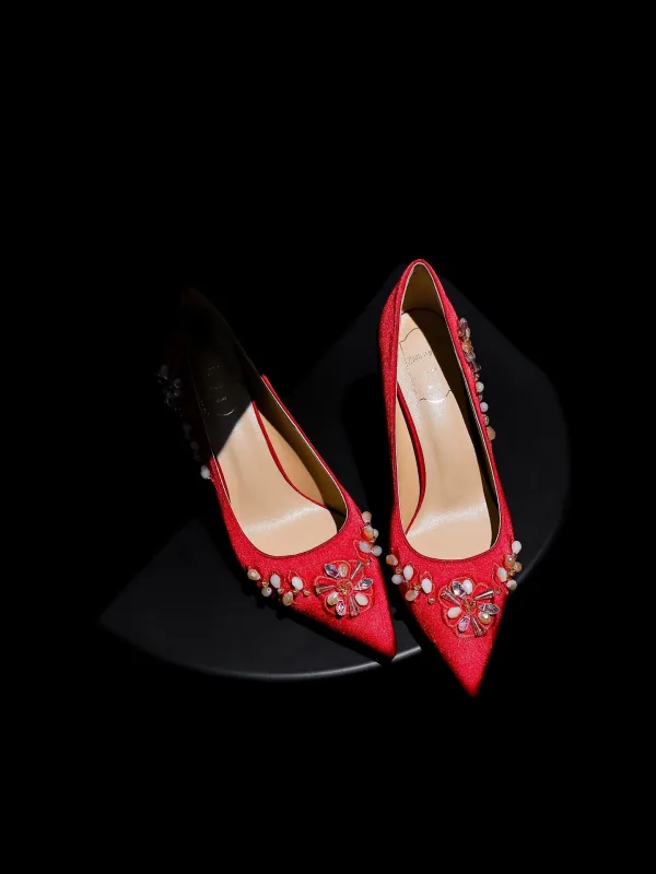 Chic / Belle Rouge Satin Promo Cristal Escarpins 2026 6 cm Talons Aiguilles À Bout Pointu Talons Hauts