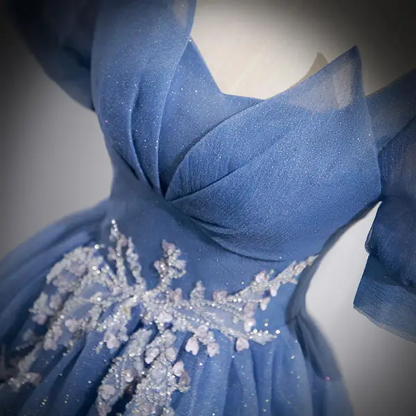 Elegant Ocean Blue Appliques Sequins Prom Dresses 2022 A-Line / Princess V-Neck Short Sleeve Backless Floor-Length / Long Prom Formal Dresses