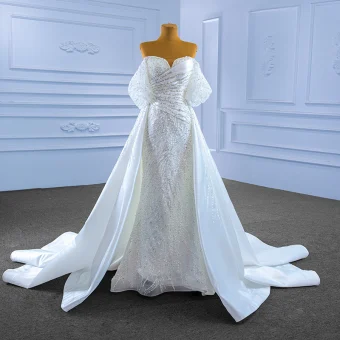 Charming White Trumpet Mermaid Wedding Dresses 2022 Off The Shoulder Puffy Short Sleeve Backless Beading Pearl Sequins Floor Length Long Wedding