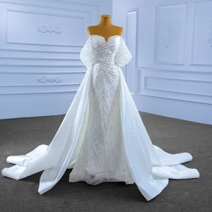 Charmant Weiß Meerjungfrau Brautkleider Hochzeitskleider 2022 Off Shoulder Geschwollenes Kurze Ärmel Rückenfreies Perlenstickerei Perle Pailletten Lange Hochzeit