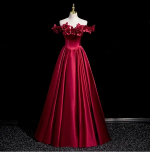 Elegant Burgundy Appliques Satin Prom Dresses 2024 A Line Princess Off The Shoulder Sleeveless Backless Floor Length Long Prom Formal Dresses