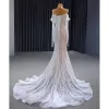Luxury / Gorgeous Sexy White Handmade  Beading Sequins Pearl Tassel Wedding Dresses 2023 Off-The-Shoulder Trumpet / Mermaid Sleeveless Backless Sweep Train