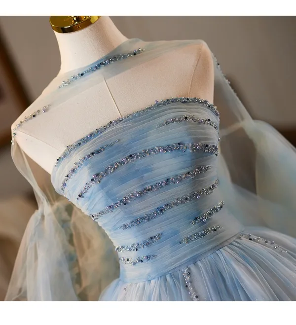 Schöne Himmelblau Pailletten Ballkleider 2025 Ballkleid Bandeau Ärmellos Rückenfreies Lange Ball Festliche Kleider