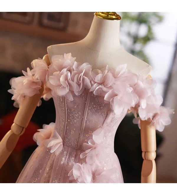 Chic / Beautiful Blushing Pink Appliques Sequins A-Line / Princess Prom Dresses 2025 Off-The-Shoulder Sleeveless Backless Floor-Length / Long Formal Dresses