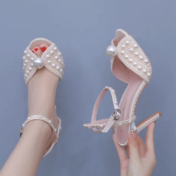 Sexy Champagne Pearl Wedding Shoes 2024 Ankle Strap 10 cm Stiletto Heels Open / Peep Toe Wedding Sandals High Heels