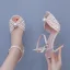Sexy Champagne Pearl Wedding Shoes 2024 Ankle Strap 10 cm Stiletto Heels Open / Peep Toe Wedding Sandals High Heels