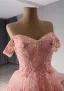 Haut de Gamme Rougissant Rose En Dentelle Fleur Paillettes Volants en Cascade Robe De Bal 2024 Robe Boule De l'épaule Manches Courtes Dos Nu Train De Balayage Promo Robe De Ceremonie