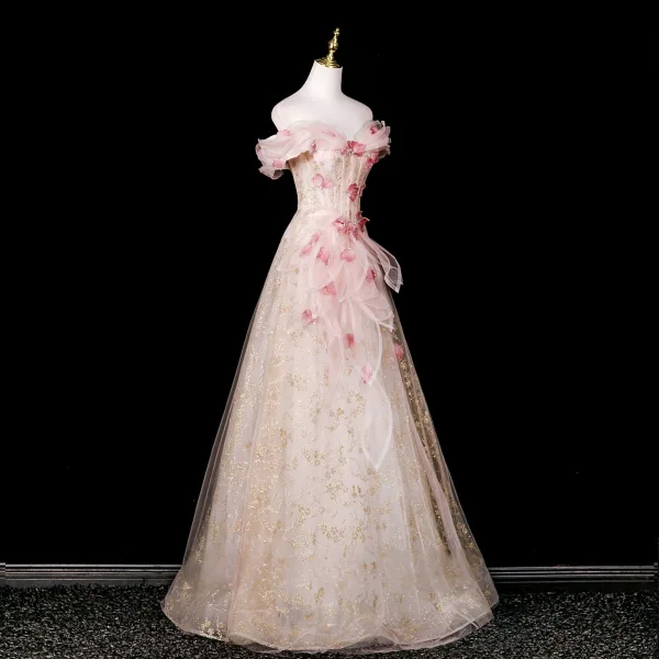 Glitzernden Charmant Weiß Perlenstickerei Applikationen Pailletten Ballkleider 2025 A Linie Off Shoulder Kurze Ärmel Rückenfreies Lange Festliche Kleider