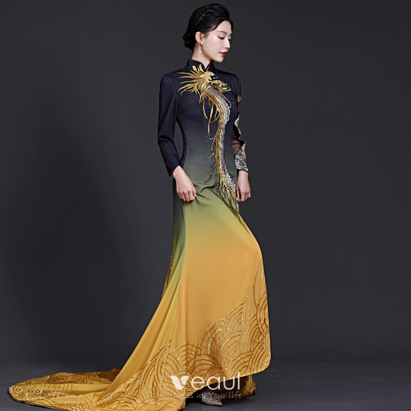 Chinese style Vintage Retro Black Gold Satin Split Front Evening Dresses 2023 Trumpet Mermaid High Neck Lace Flower Long Sleeve Backless Sweep Train Evening Party Formal Dresses