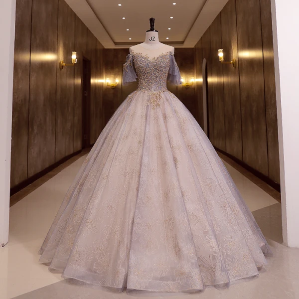 Elegant Purple Prom Dresses 2022 Ball Gown Scoop Neck Beading Sequins Short Sleeve Backless Floor-Length / Long Formal Dresses