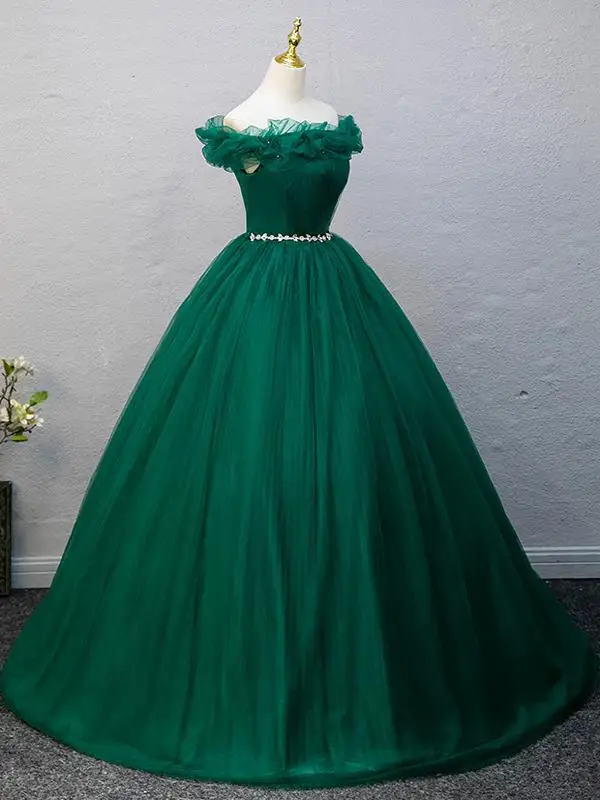 Vintage Dunkelgrün Strass Ballkleider 2025 A Linie Off Shoulder Ärmellos Rückenfreies Lange Ball Festliche Kleider