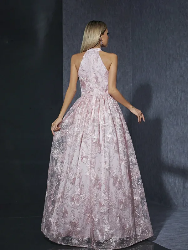 Chic / Beautiful Blushing Pink Lace Flower Prom Dresses 2025 A-Line / Princess High Neck Sleeveless Floor-Length / Long Formal Dresses