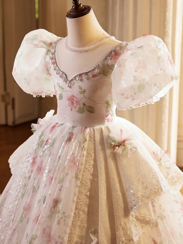 Chic / Beautiful Blushing Pink Beading Pearl Printing Birthday Flower Girl Dresses 2024 Ball Gown Scoop Neck Puffy Short Sleeve Backless Floor-Length / Long