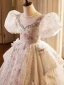 Chic / Beautiful Blushing Pink Beading Pearl Printing Birthday Flower Girl Dresses 2024 Ball Gown Scoop Neck Puffy Short Sleeve Backless Floor-Length / Long
