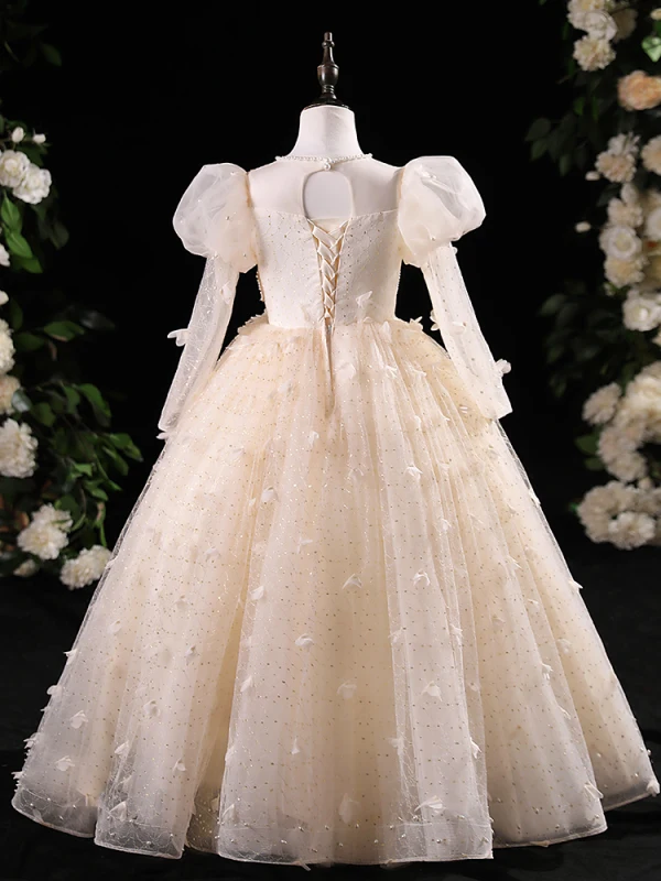 Chic / Beautiful Champagne Beading Pearl Sequins Appliques Birthday Flower Girl Dresses 2024 A-Line / Princess Scoop Neck Long Sleeve Backless Floor-Length / Long