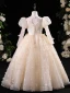 Chic / Beautiful Champagne Beading Pearl Sequins Appliques Birthday Flower Girl Dresses 2024 A-Line / Princess Scoop Neck Long Sleeve Backless Floor-Length / Long