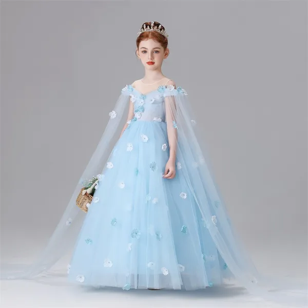 Chic / Beautiful Sky Blue Appliques Birthday Flower Girl Dresses 2025 Ball Gown Scoop Neck Sleeveless Floor-Length / Long Tulle
