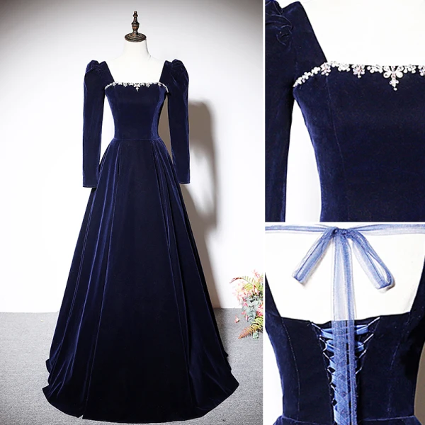 Vintage / Retro Navy Blue Suede Evening Dresses 2023 A-Line / Princess Square Neckline Long Sleeve Backless Bow Floor-Length / Long Evening Party Formal Dresses