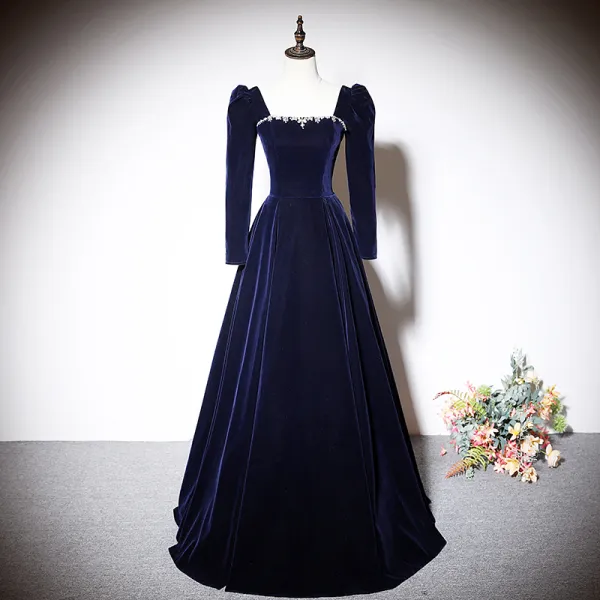 Vintage / Retro Navy Blue Suede Evening Dresses 2023 A-Line / Princess ...