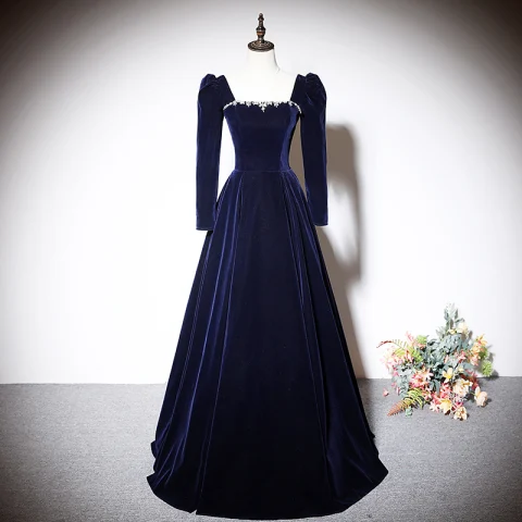 Vintage / Retro Navy Blue Suede Evening Dresses 2023 A-Line / Princess Square Neckline Long Sleeve Backless Bow Floor-Length / Long Evening Party Formal Dresses