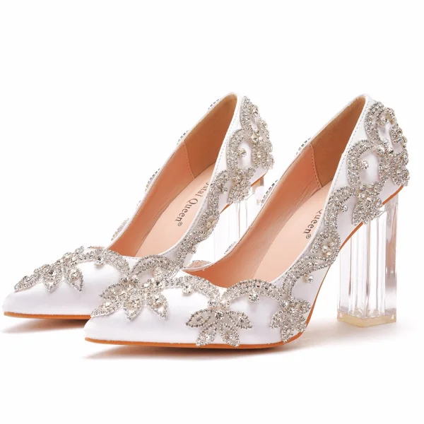 Charmant Blanche Cristal Chaussure De Mariée 2022 9 cm Talons Épais Faux Diamant À Bout Pointu Mariage Escarpins Talons Hauts