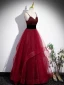 Chic / Belle Bordeaux Faux Diamant Robe De Bal 2023 Princesse Bretelles Spaghetti Sans Manches Dos Nu Longue Promo Robe De Ceremonie