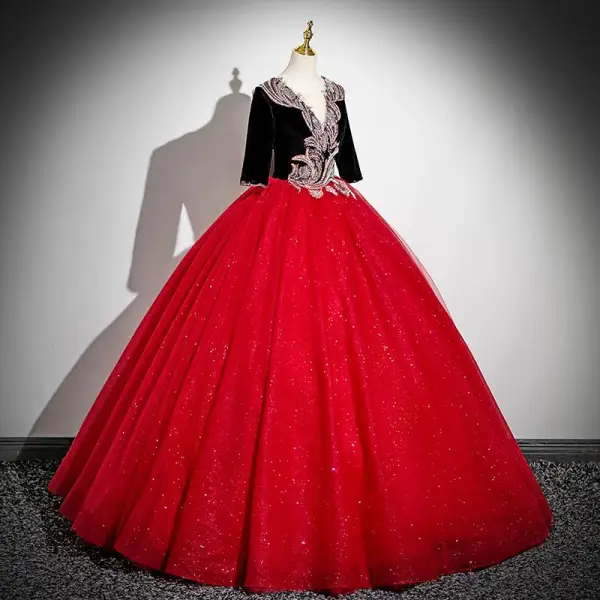 Vintage / Retro Burgundy Beading Sequins Prom Dresses 2025 Ball Gown V-Neck Short Sleeve Backless Floor-Length / Long Prom Formal Dresses