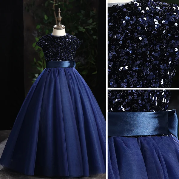 Chic / Beautiful Grey Sequins Prom Flower Girl Dresses 2022 Ball Gown Scoop Neck Sleeveless Sash Bow Floor-Length / Long Flower Girl Dresses