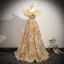 Scintillantes Doré Perlage Paillettes En Dentelle Fleur Robe De Bal 2026 Robe Boule Encolure Dégagée Manches Courtes Dos Nu Train De Balayage Promo Robe De Ceremonie