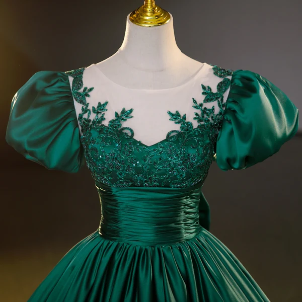 Vintage / Retro Dark Green Beading Prom Dresses 2023 Ball Gown Scoop Neck Puffy Short Sleeve Bow Floor-Length / Long Satin Prom Formal Dresses