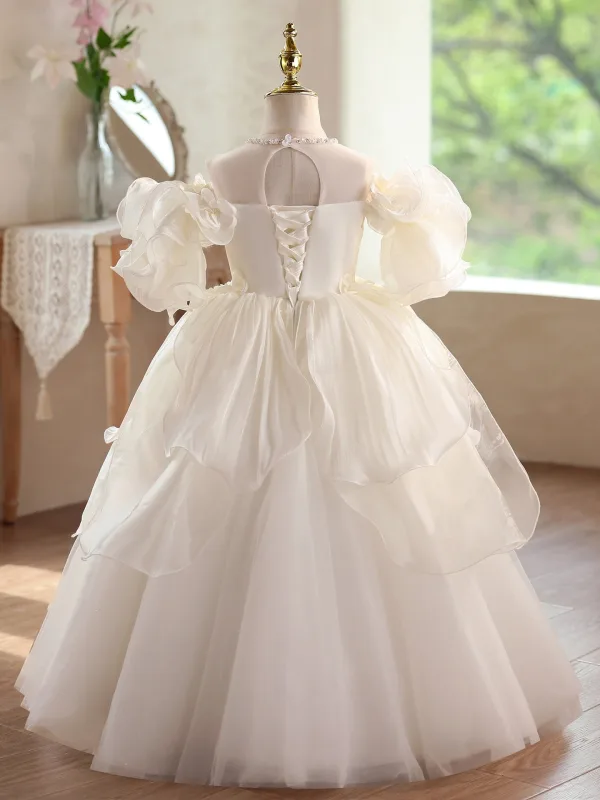 Exquisite Champagne Pearl Appliques Cascading Ruffles Wedding Flower Girl Dresses 2026 Ball Gown Off-The-Shoulder Short Sleeve Backless