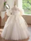 Exquisite Champagne Pearl Appliques Cascading Ruffles Wedding Flower Girl Dresses 2026 Ball Gown Off-The-Shoulder Short Sleeve Backless