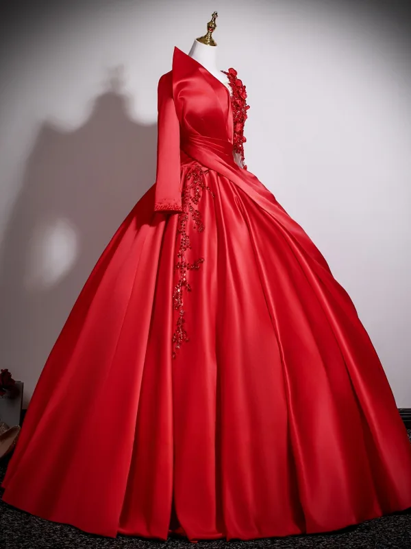 Elegant Red Appliques Beading Sequins Prom Dresses 2025 Ball Gown Scoop Neck Long Sleeve Backless Floor-Length / Long Formal Dresses