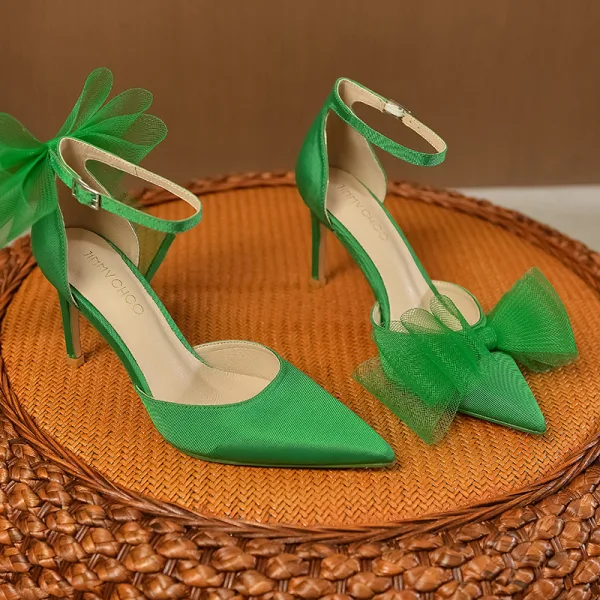 Chic / Beautiful Green Prom Bow Womens Shoes 2023 Ankle Strap 8 cm Stiletto Heels Pointed Toe High Heels