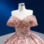 Luxury / Gorgeous Blushing Pink Beading Sequins Wedding Dresses 2022 Ball Gown Off-The-Shoulder Short Sleeve Backless Court Train Wedding