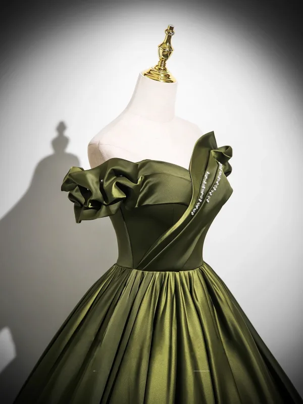 Vintage Retro Dark Green Satin Prom Dresses 2025 Ball Gown Off-The-Shoulder Short Sleeve