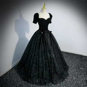 Bling Bling Noire Paillettes Robe De Bal 2022 Robe Boule Encolure Carrée Perle Manches Courtes Dos Nu Noeud Longue Robe De Ceremonie