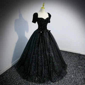 Bling Bling Noire Paillettes Robe De Bal 2022 Robe Boule Encolure Carrée Perle Manches Courtes Dos Nu Noeud Longue Robe De Ceremonie