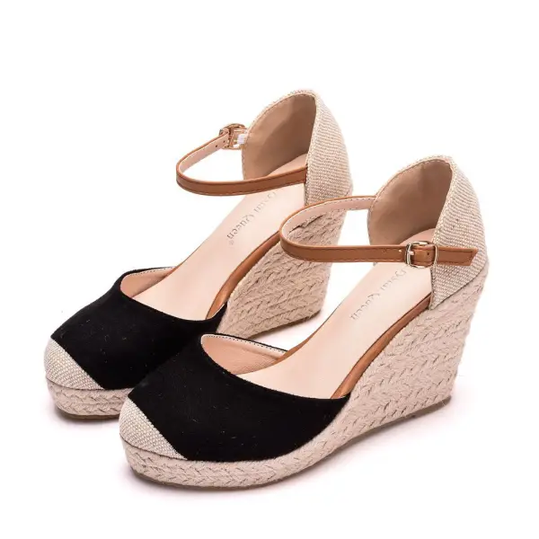 Chic / Beautiful Beige Street Wear Braid Womens Sandals 2022 9 cm Wedges Round Toe Womens Sandals