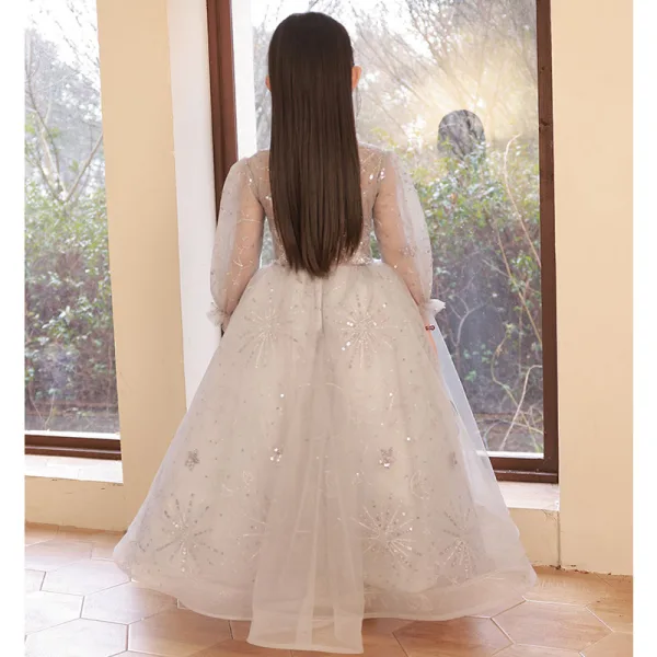 Chic / Beautiful Grey Birthday Flower Girl Dresses 2022 A-Line / Princess Scoop Neck Beading Sequins Long Sleeve Floor-Length / Long Flower Girl Dresses
