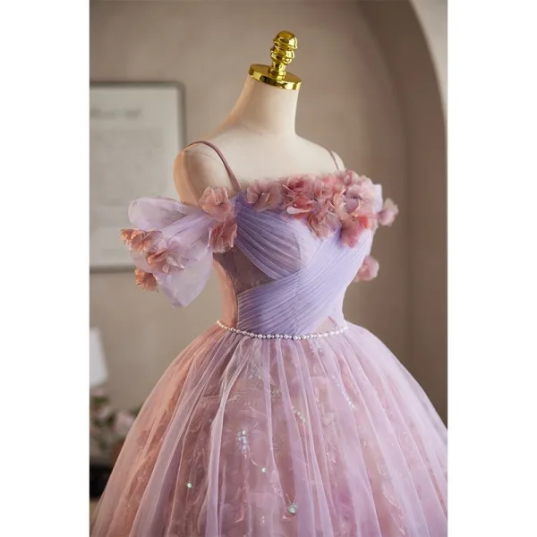 Charmant Lavande Paillettes Appliques Courte Robe De Fête 2025 Robe Boule Bretelles Spaghetti Sans Manches Dos Nu Tulle Soirée Robe De Ceremonie
