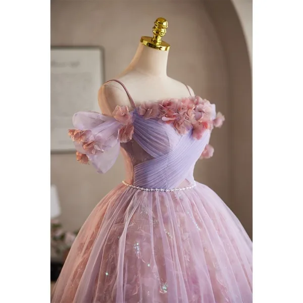 Charmant Lavendel Perle Applikationen Pailletten Kurze Heimkehr Abiballkleider 2026 Ballkleid Spaghettiträger Kurze Ärmel Rückenfreies Festliche Kleider