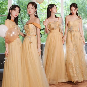 Simple Champagne En Dentelle Fleur Robe Demoiselle D Honneur 2023 Princesse Manches Courtes Dos Nu Longue Robe Demoiselle D Honneur