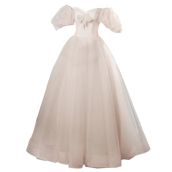 Illusion White Prom Dresses 2022 A-Line / Princess Square Neckline Bow Puffy Short Sleeve Backless Floor-Length / Long Prom Formal Dresses