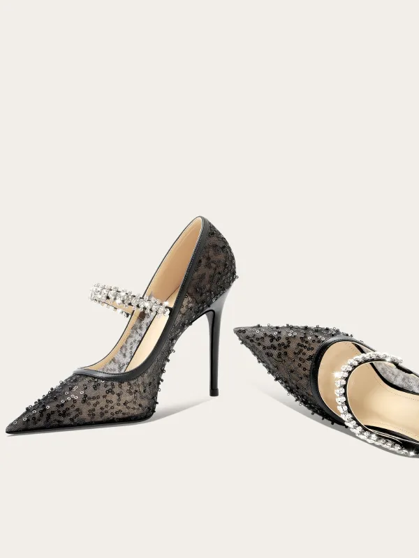 Chic / Beautiful Black Rhinestone Sequins Evening Party Pumps 2025 Tulle 10 cm Stiletto Heels Pointed Toe Pumps